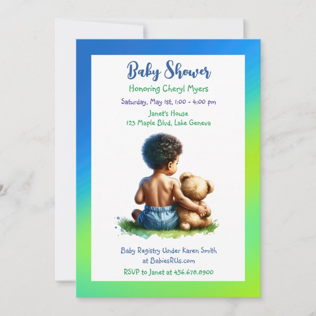African-American Baby Boy with Teddy Baby Shower Invitation (Front)