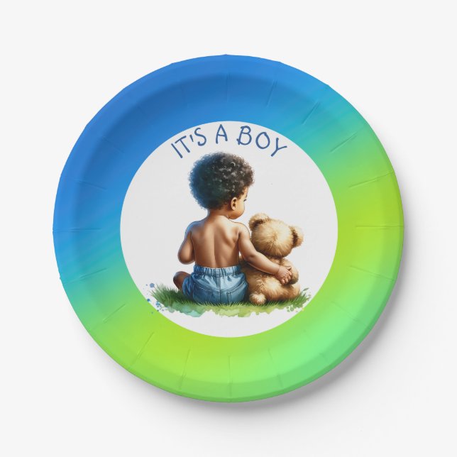 African-American Baby Boy with Teddy Baby Shower  Paper Plates (Front)