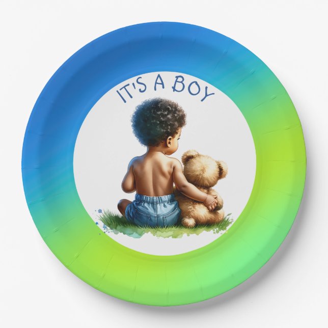 African-American Baby Boy with Teddy Baby Shower  Paper Plates (Front)