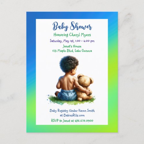 African_American Baby Boy with Teddy Baby Shower Postcard