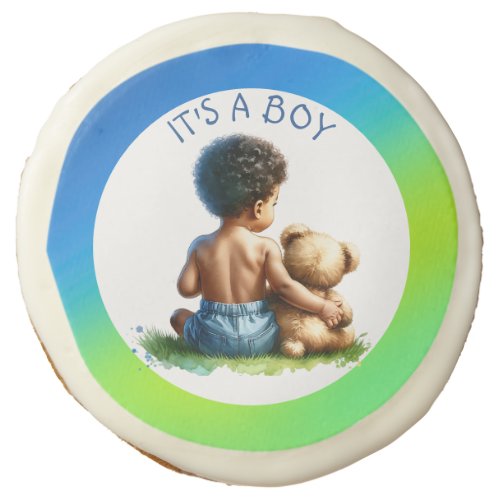 African_American Baby Boy with Teddy Baby Shower Sugar Cookie