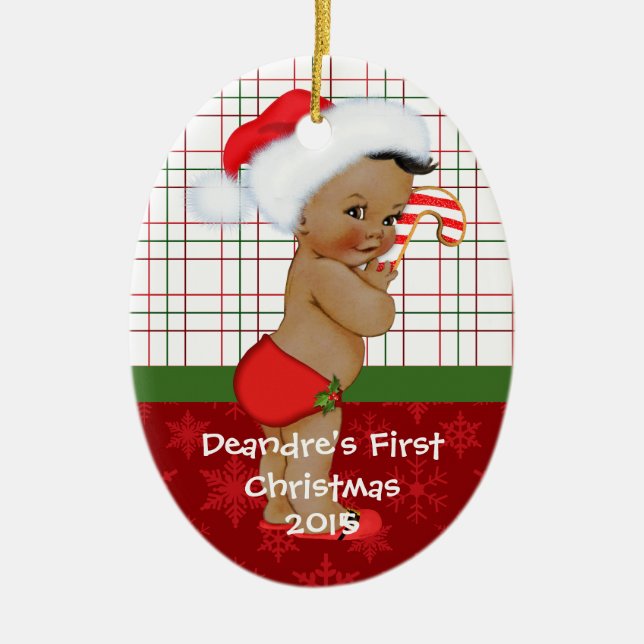 African American Baby Boy's First Christmas Orname Ceramic Ornament (Front)