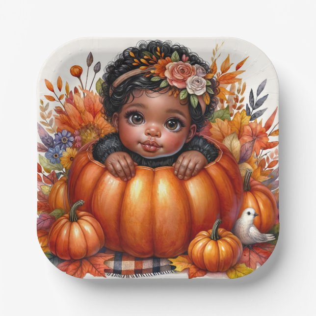 African American Baby Girl Autumn Pumpkin Paper Plates (Front)