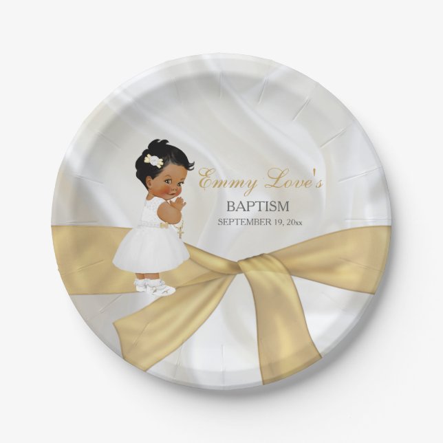 African American Baby Girl Baptism Christening Paper Plates (Front)