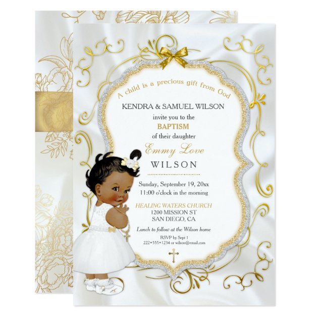 African American Baby Girl Baptism Gold Cross Invitation
