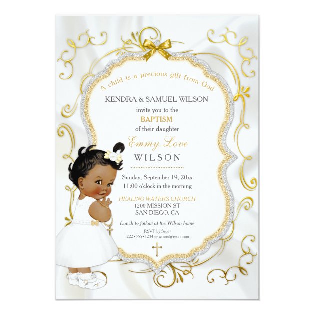 African American Baby Girl Baptism Gold Cross Invitation