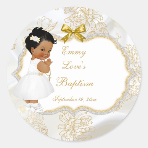 African American Baby Girl Baptism Gold Cross Classic Round Sticker