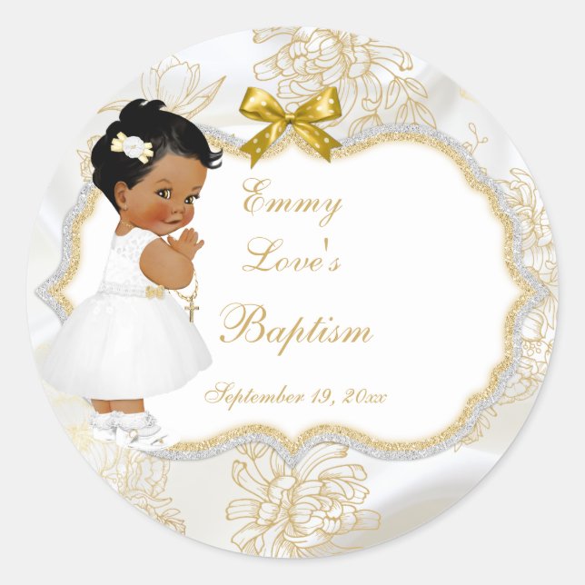 African American Baby Girl Baptism Gold Cross Classic Round Sticker (Front)