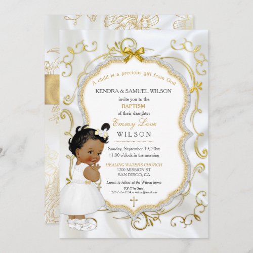 African American Baby Girl Baptism Gold Cross Invitation