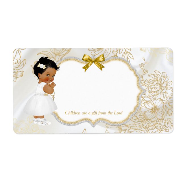 African American Baby Girl Baptism Gold White Label (Front)