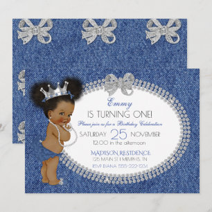 African American Baby Girl Denim & Diamonds Bows Invitation