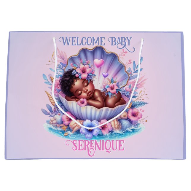 African American Baby Girl in Seashell Pastel Large Gift Bag (Front)