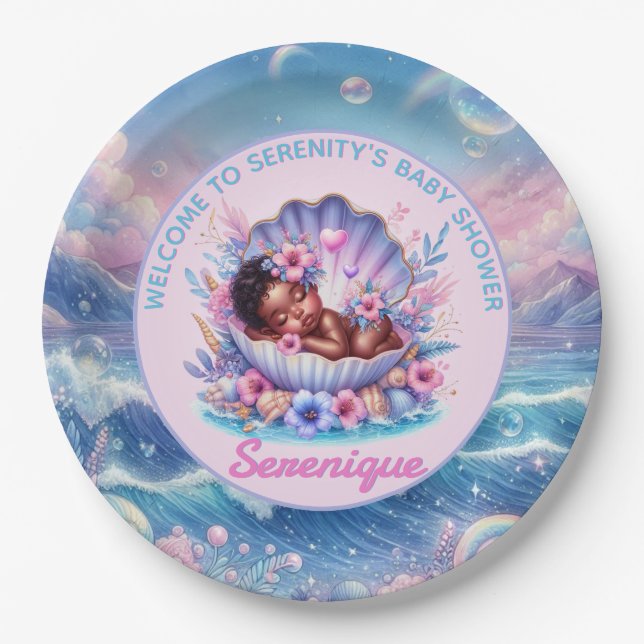African American Baby Girl in Seashell Pastel Paper Plates (Front)