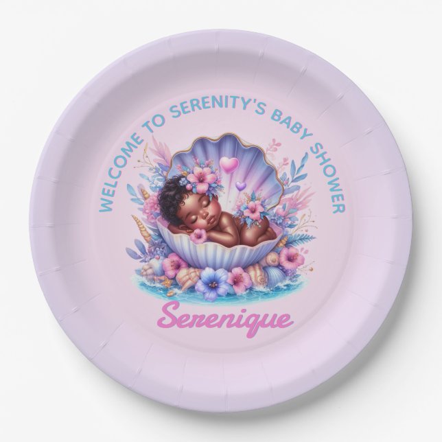 African American Baby Girl in Seashell Pastel Paper Plates (Front)