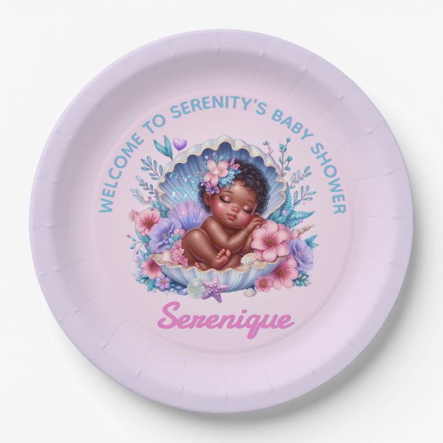 African American Baby Girl in Seashell Pastel Paper Plates (Front)