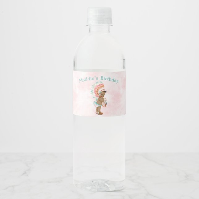 African American Baby Girl Native Headdress Water Bottle Label (Front)
