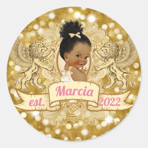 African American Baby Girl  Pink and Gold Glitter Classic Round Sticker