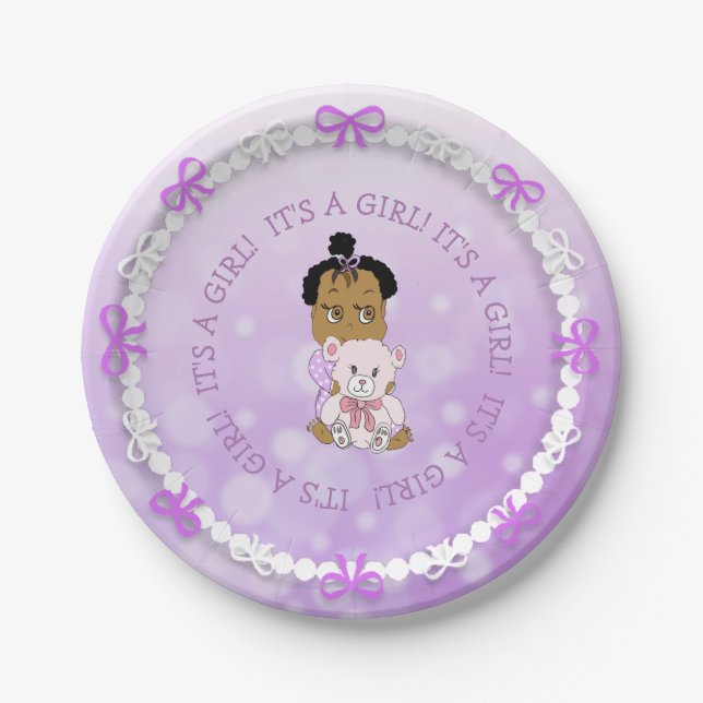 African-American Baby Girl Teddy Bear Baby Shower Paper Plates (Front)