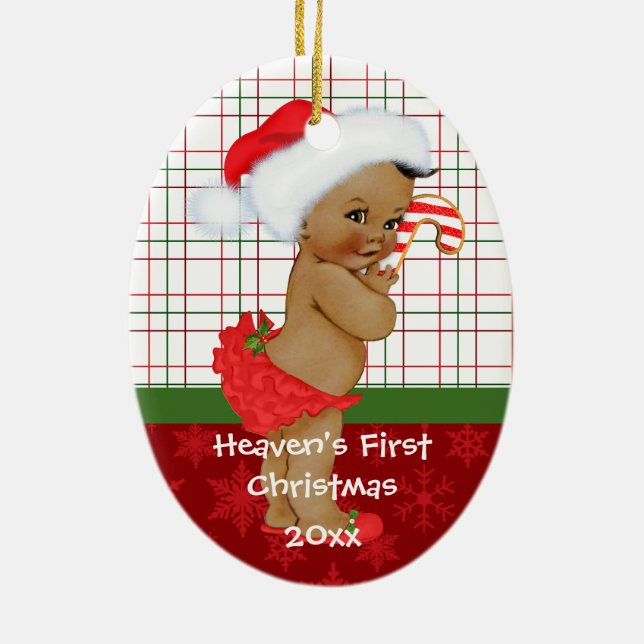 African American Baby Gir's First Christmas Orname Ceramic Ornament (Back)