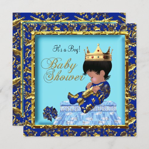African American Baby Shower Blue Gold Boy Invitation