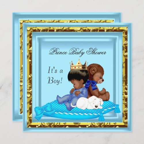 African American Baby Shower Blue Gold Boy Prince Invitation