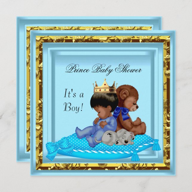 African American Baby Shower Blue Gold Boy Prince Invitation (Front/Back)