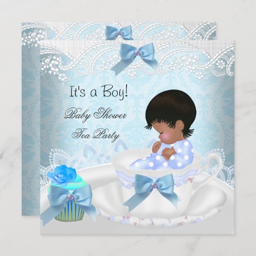 African American Baby Shower Boy Blue Baby Teacup Invitation