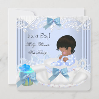 African American Baby Shower Boy Blue Baby Teacup Invitation
