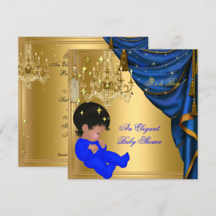 African American Baby Shower Boy Blue Gold Invitation