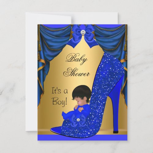 African American Baby Shower Boy Blue Gold Shoe Invitation