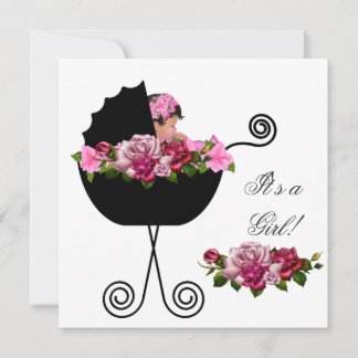 African American Baby Shower Cute Girl Pink Roses Invitation