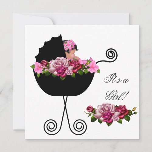African American Baby Shower Cute Girl Pink Roses Personalized Announcements