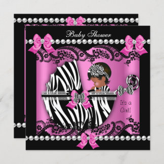 African American Baby Shower Cute Girl Pink Zebra Invitation
