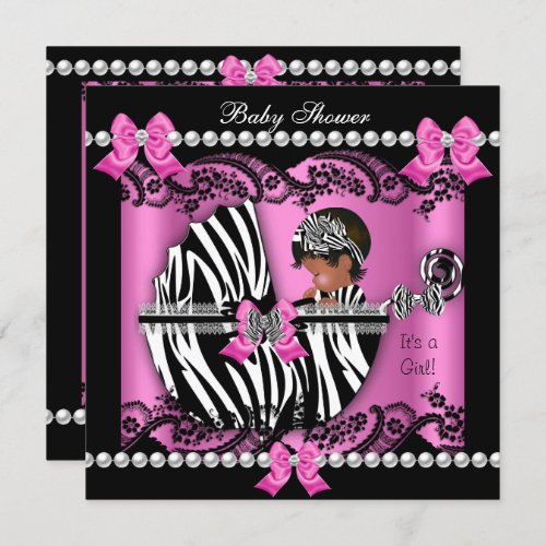 African American Baby Shower Cute Girl Pink Zebra Invitation