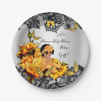 African American Baby Shower Girl Butterfly Yellow Paper Plates