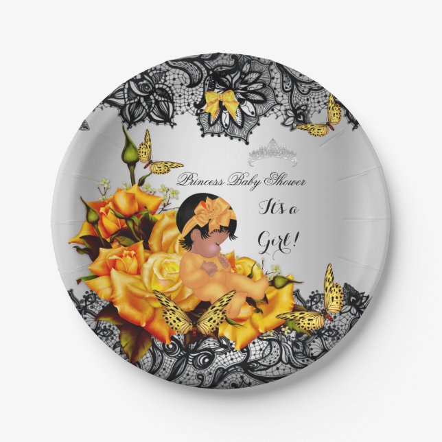 African American Baby Shower Girl Butterfly Yellow Paper Plates (Front)