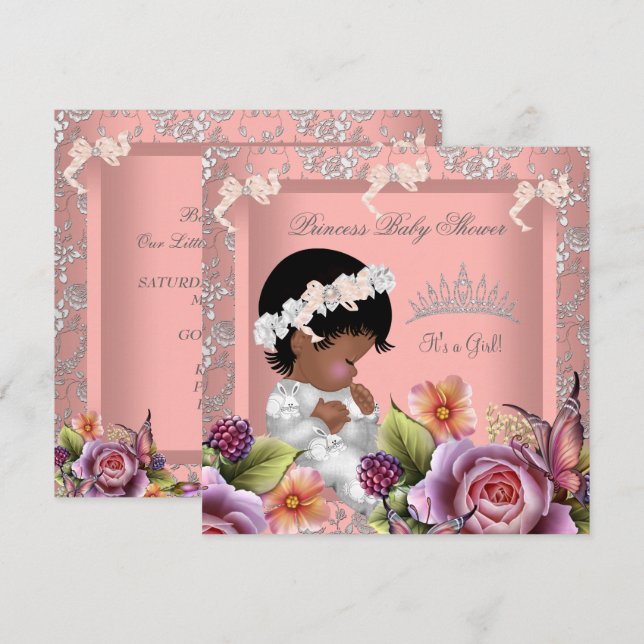 African American Baby Shower Girl Coral Pink Rose Invitation (Front/Back)