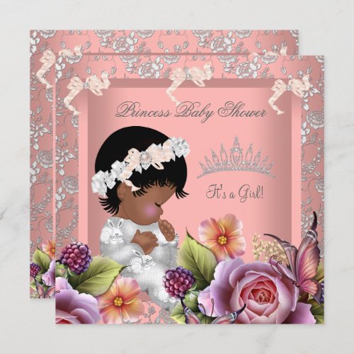 African American Baby Shower Girl Coral Pink Rose Invitation