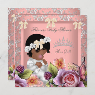 African American Baby Shower Girl Coral Pink Rose Invitation