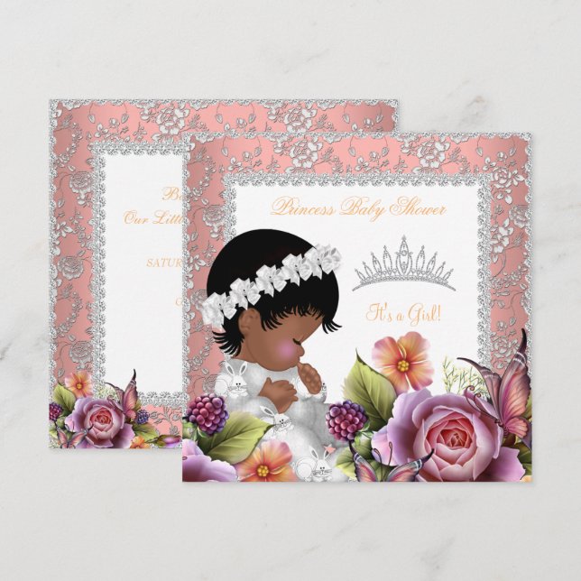 African American Baby Shower Girl Coral Rose Invitation (Front/Back)