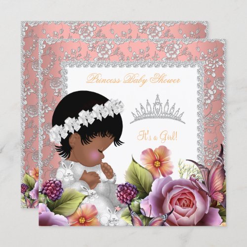 African American Baby Shower Girl Coral Rose Invitation