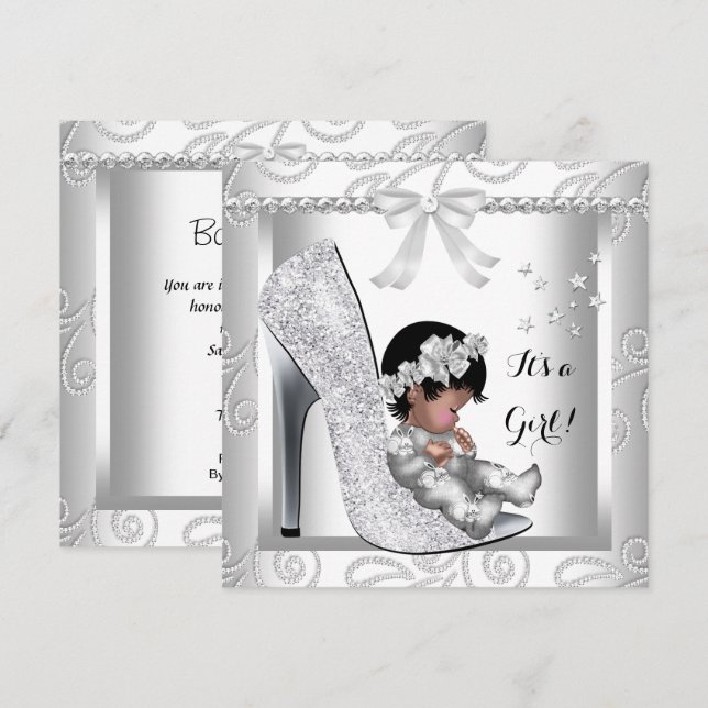 African American Baby Shower Girl Gray White Shoe Invitation (Front/Back)
