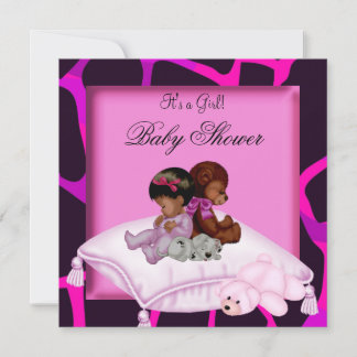 African American Baby Shower Girl Hot Pink Bear Invitation