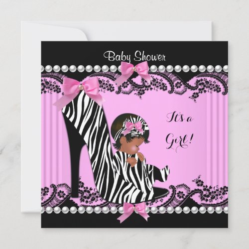 African American Baby Shower Girl Hot Pink Zebra 3 Invitation