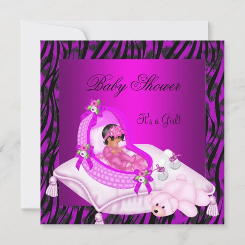 African American Baby Shower Girl Hot Pink Zebra Invitation