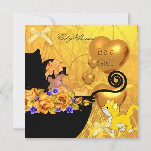 African American Baby Shower Girl Kitten Orange Personalized Invitations