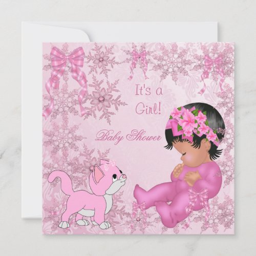 African American Baby Shower Girl Kitten Pink Invitation