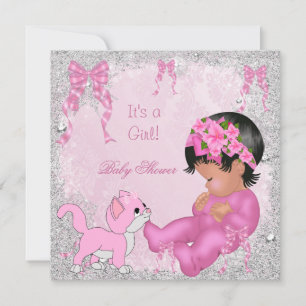 African American Baby Shower Girl Kitten Pink Invitation