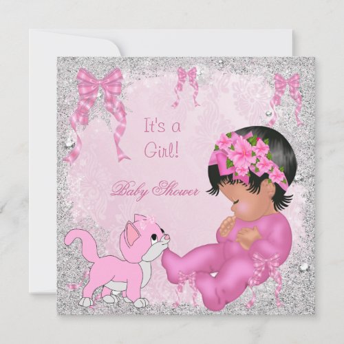 African American Baby Shower Girl Kitten Pink Personalized Announcements