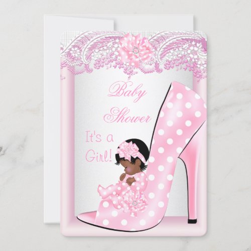 African American Baby Shower Girl Pink Baby Shoe Invitation